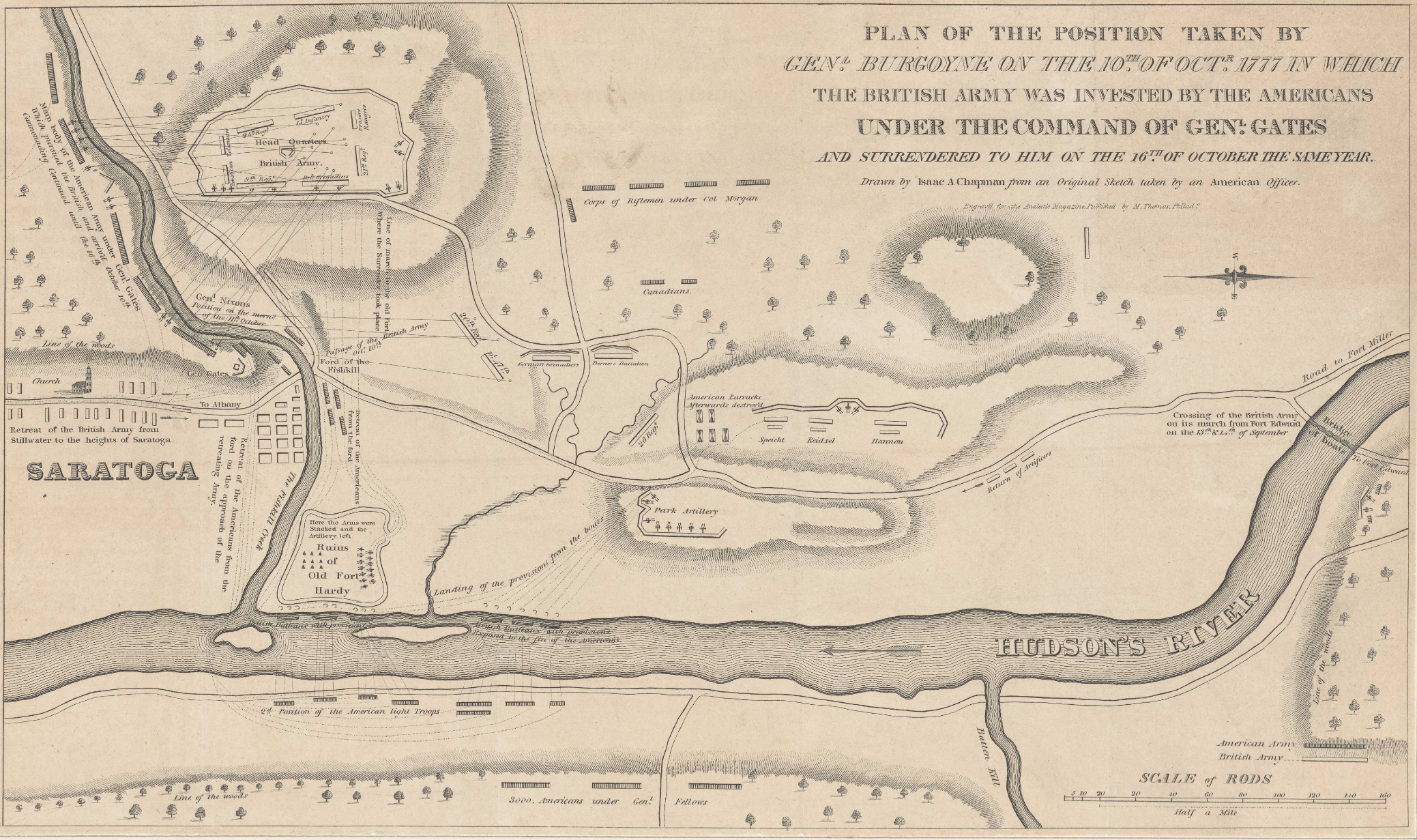 Lionel Pincus and Princess Firyal Map Division, The New York Public Library. “Plan of the position taken by Genl. Burgoyne on the 10̂th of Octr. 1777: in which the British Army was invested by the Americans under the Command of Genl. Gates and surrendered to him on the 16th of October the same year” New York Public Library Digital Collections.
